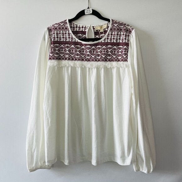 NWT Farmers Market White Maroon Fur Trim Embroidered Long Sleeve Top Size XL - Picture 1 of 9